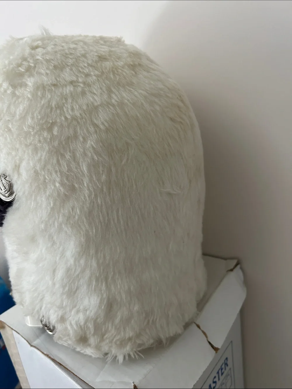 White Faux Fur Pom-Pom Hat with Black Braid Detail